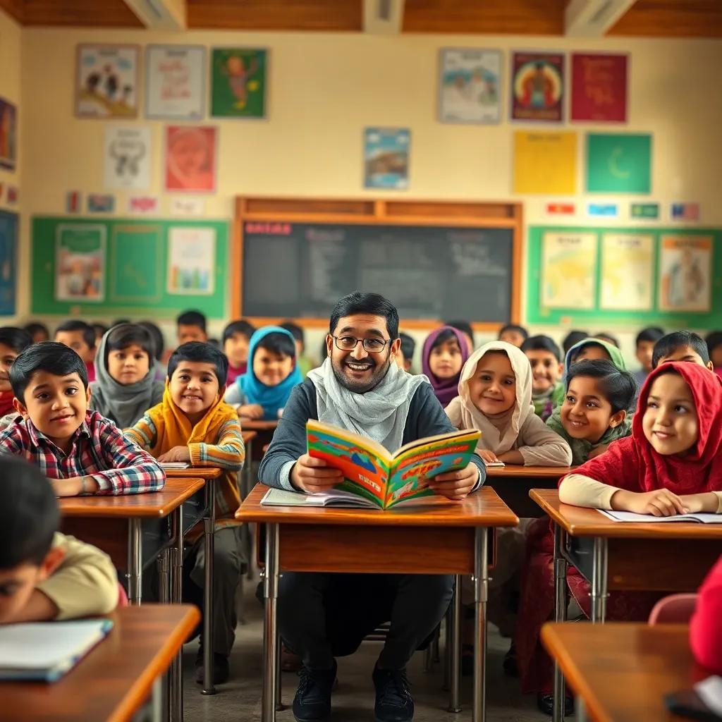 A lively school classroom, filled with enthusiastic Arab children sitting at their desks, listening to Rayan as he reads his story, with smiles and curiosity on their faces, vibrant colors, energetic atmosphere, high quality