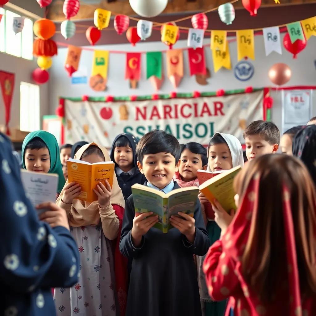 A festive school event where children share poems and stories about the Arabic language, with banners and decorations in the background, children of different backgrounds united in celebration, colorful and joyful, high quality