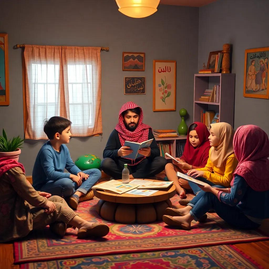 Rayan leading a small club with friends, sitting in a circle as they create art and stories celebrating the Arabic language, bright colors, playful atmosphere, high quality
