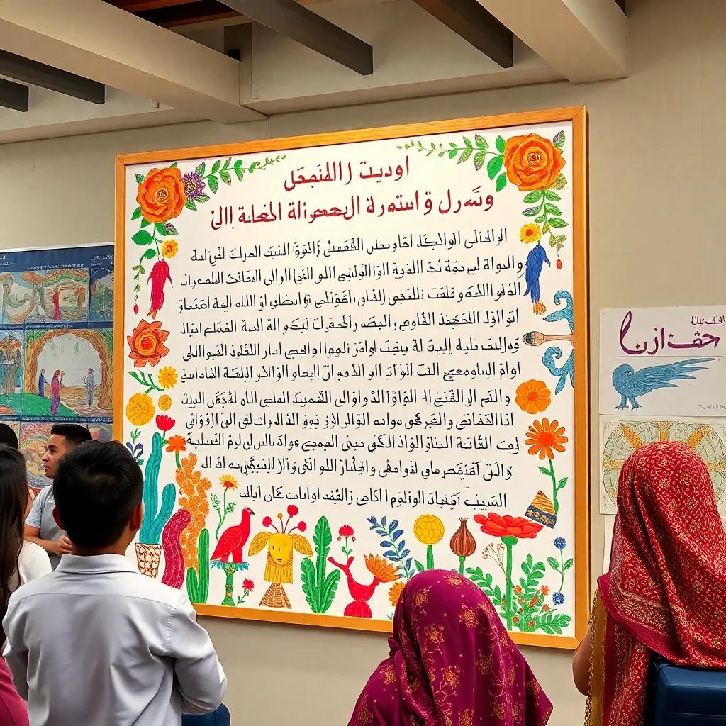 A vibrant Arabic poem displayed on a large board during the language event, mixed with art created by students, showing the beauty of Arabic culture and heritage, colorful and inviting, high quality
