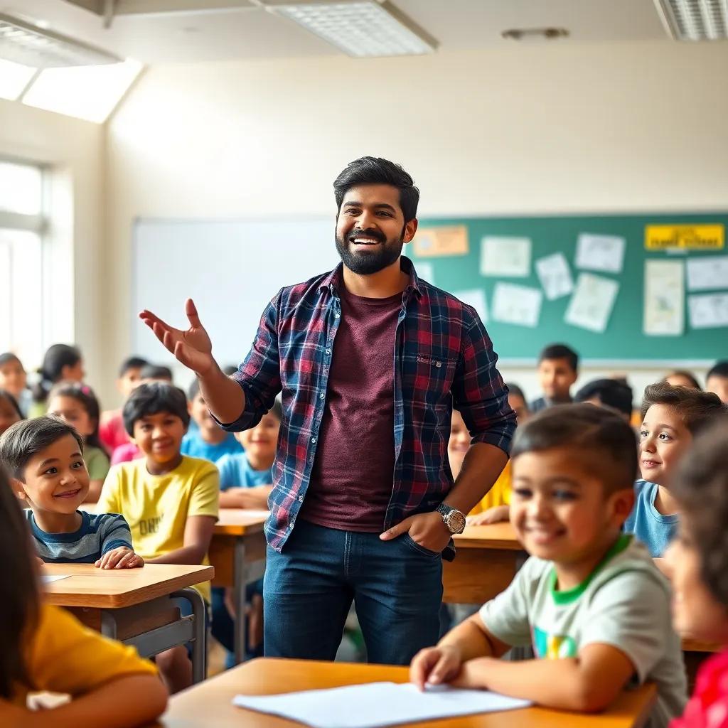 Rayan standing confidently in front of a classroom full of kids, passionately sharing with them about the importance of their language, inspiring smiles and engagement, bright classroom setting, motivational atmosphere, high quality