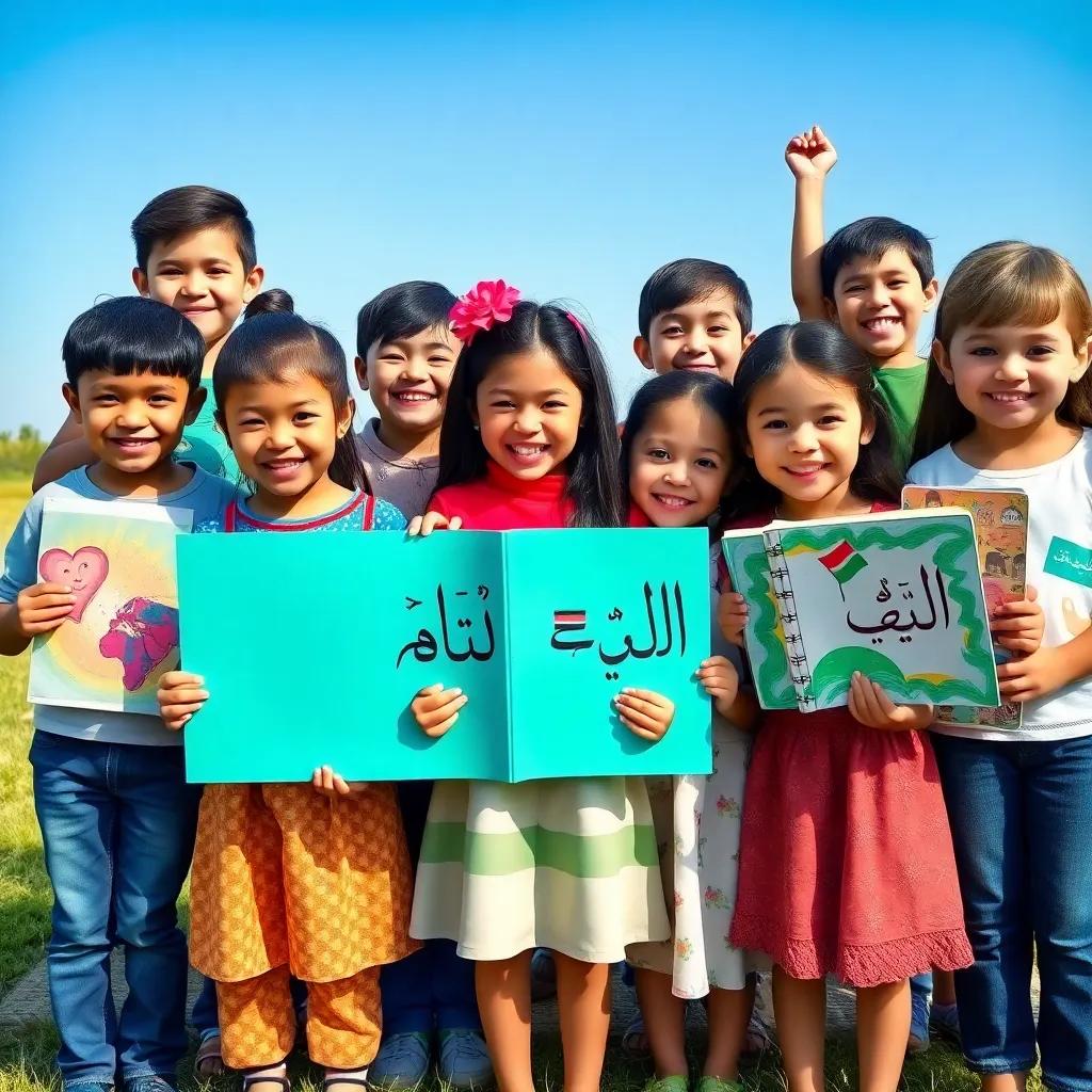 A group of diverse children celebrating their love for the Arabic language, smiling and holding books and art projects, outdoors with a blue sky and green grass background, cheerful and uplifting, high quality