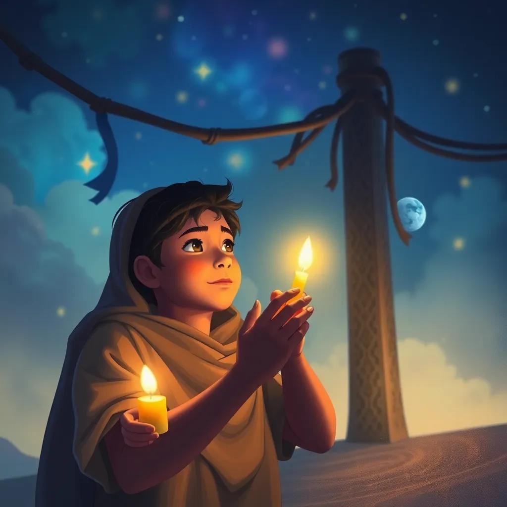 An illustration of Rayan seeing a glowing candle symbolizing the light of the Arabic language, journeying through the generations, with soft colors and dreamlike atmosphere, symbolizing hope and continuity, high quality