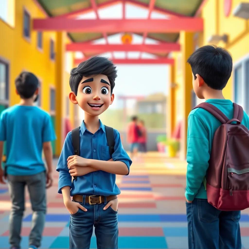A young Arab boy, Sami, with short black hair, wearing a blue shirt and jeans, standing in a colorful schoolyard, talking animatedly with his friends, bright and cheerful atmosphere, digital art, vibrant colors, high quality