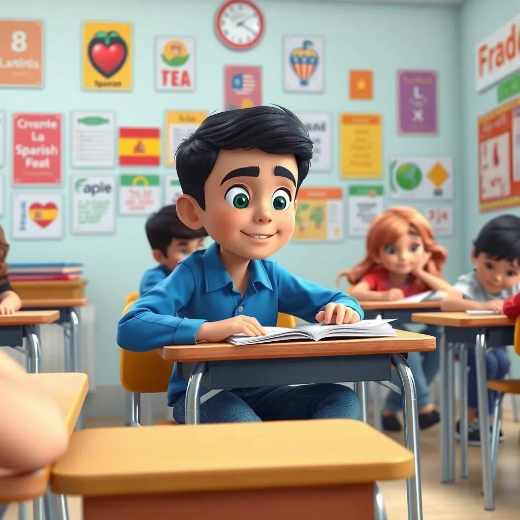 Sami, a young Arab boy with short black hair in a blue shirt and jeans, sitting at a desk with his friends, practicing Spanish and French notes, various language posters on the wall, engaging and colorful classroom, digital art, lively, child-friendly