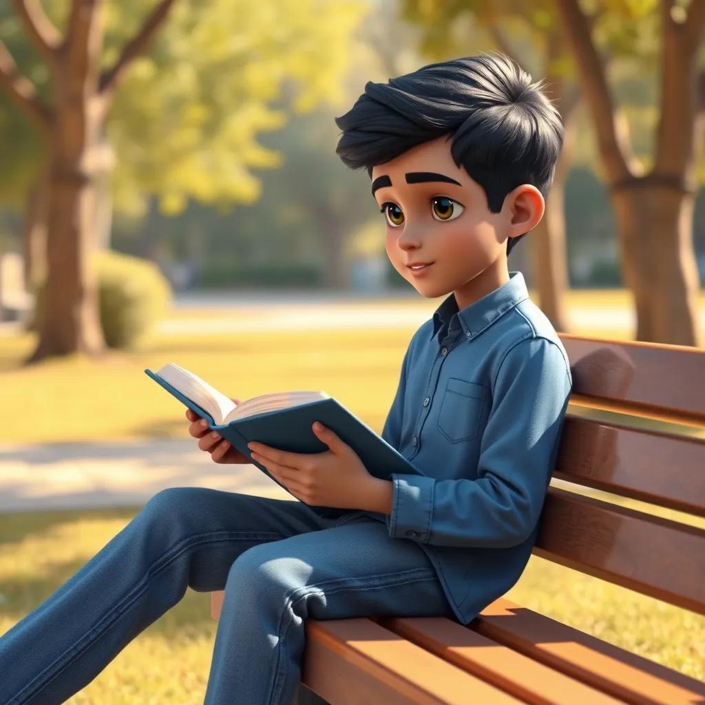 A young Arab boy, فارس, with short black hair, wearing a simple blue shirt and jeans, sitting on a bench in a sunny park reading a book, digital art, warm colors, inviting atmosphere, high quality