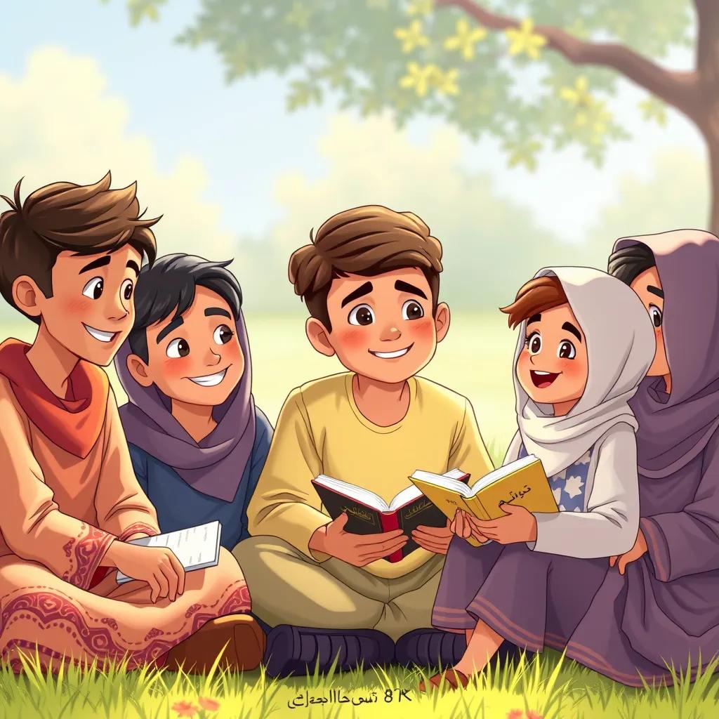 A group of young Arabic friends, smiling and sitting on grass with books in hand, listening attentively to فارس, a young boy sharing poetry, cheerful vibe, detailed illustration, vibrant colors