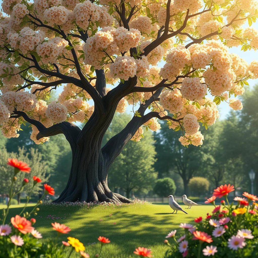 A beautiful tree in the park, surrounded by flowers and birds, depicting nature's beauty as described in the poem, bright sunlight, colorful, detailed scene