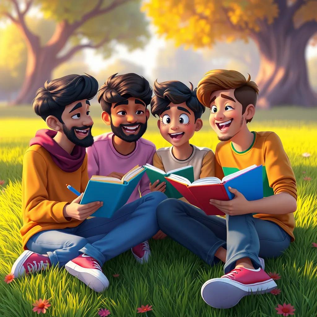 Faris's friends, excitedly discussing poetry, sitting on the grass with colorful notebooks and pens, expressing interest in learning more, vibrant and lively, warm tones