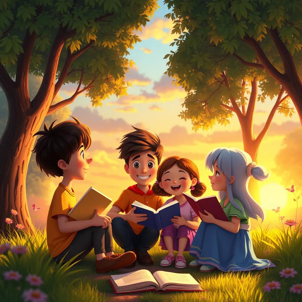 A sunset view in the park with فارس, teaching his friends through books and notes, showing joy and friendship, heartwarming, rich colors, uplifting ambiance.