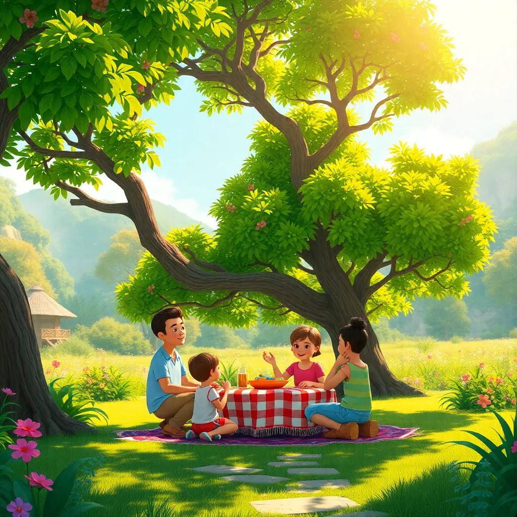 A vibrant sunny morning in a lush oasis, family having a picnic under a tree, kids playing happily around, digital art, warm colors, cheerful atmosphere, high quality