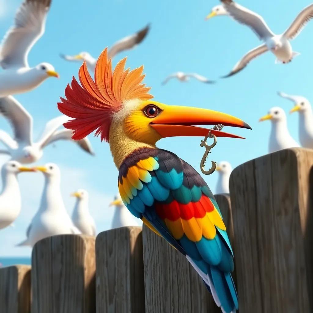 A colorful hoopoe bird with ornate feathers, holding a small key in its beak, skillfully repairing a wooden fence, surrounded by curious seagulls, vibrant colors, attention to detail, high quality