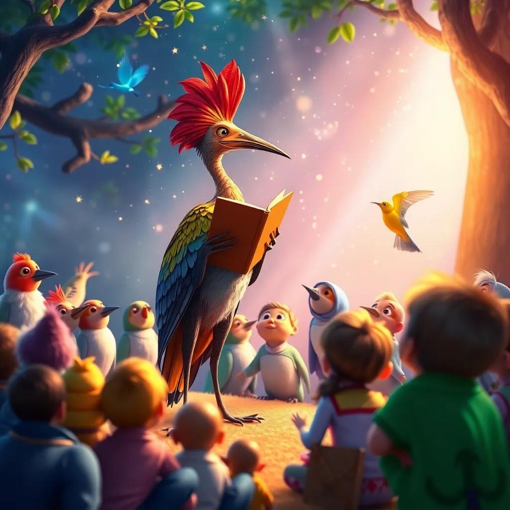 The hoopoe bird telling a story, there is a captivated audience of birds and children, magical ambiance, bright and whimsical, storytelling scene, high quality