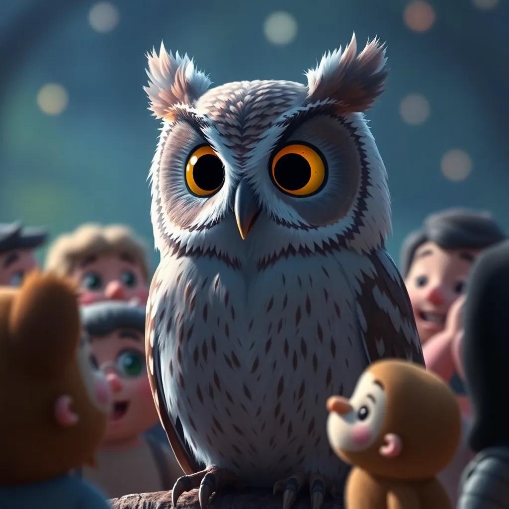 A close-up of the wise owl speaking with a wise air, everyone around listening, serene atmosphere, soft colors, detailed facial expressions, inviting scene, high quality