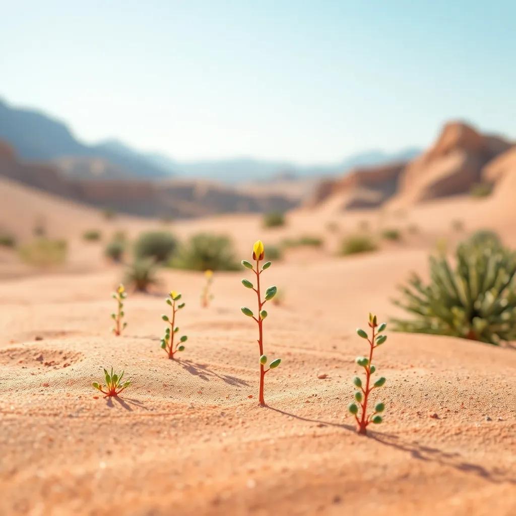 A desert scene with small plants emphasizing the importance of natural growth, soft light highlighting the desert, vibrant colors, eco-friendly theme, highly detailed, high quality