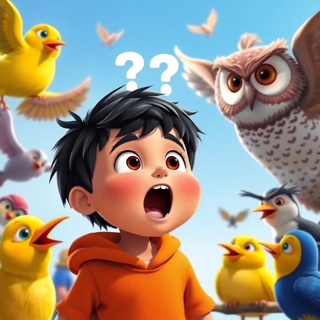 An excited child asking a question, surrounded by birds and the wise owl, eager expressions, lighthearted, vibrant colors, playful energy, high quality