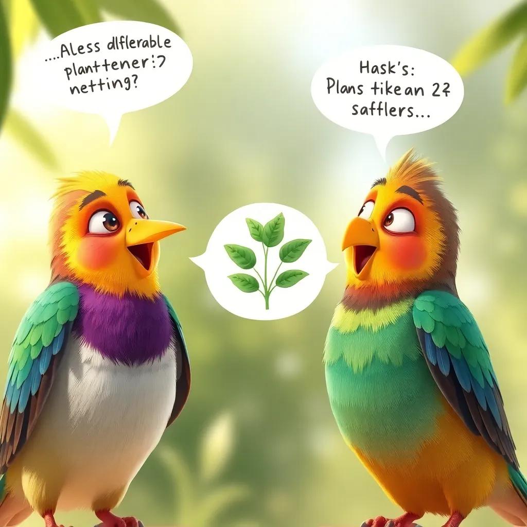 Birds exchanging ideas about different plants, with enthusiastic expressions, centered around a small plant illustration, bright colors, lively, engaging atmosphere, high quality