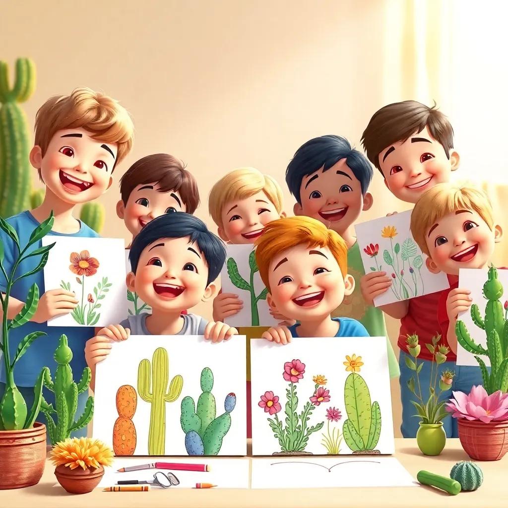 A scene showing the children drawing plants, a proud atmosphere with smiles and laughter, their artwork displaying beautiful desert plants, colorful and lively, high quality