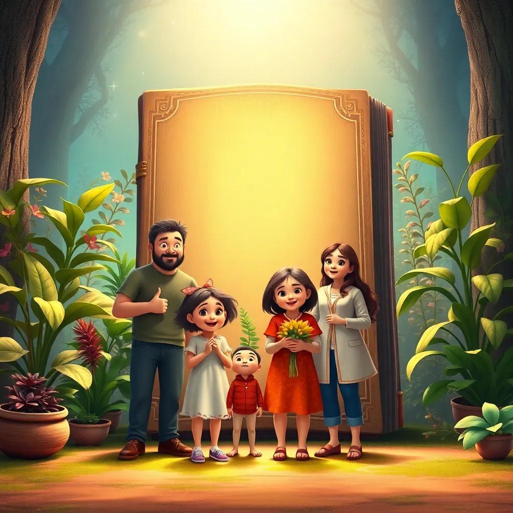 The family standing in front of a big old book, showcasing plants, joyful expressions, magical atmosphere, vibrant colors, high quality