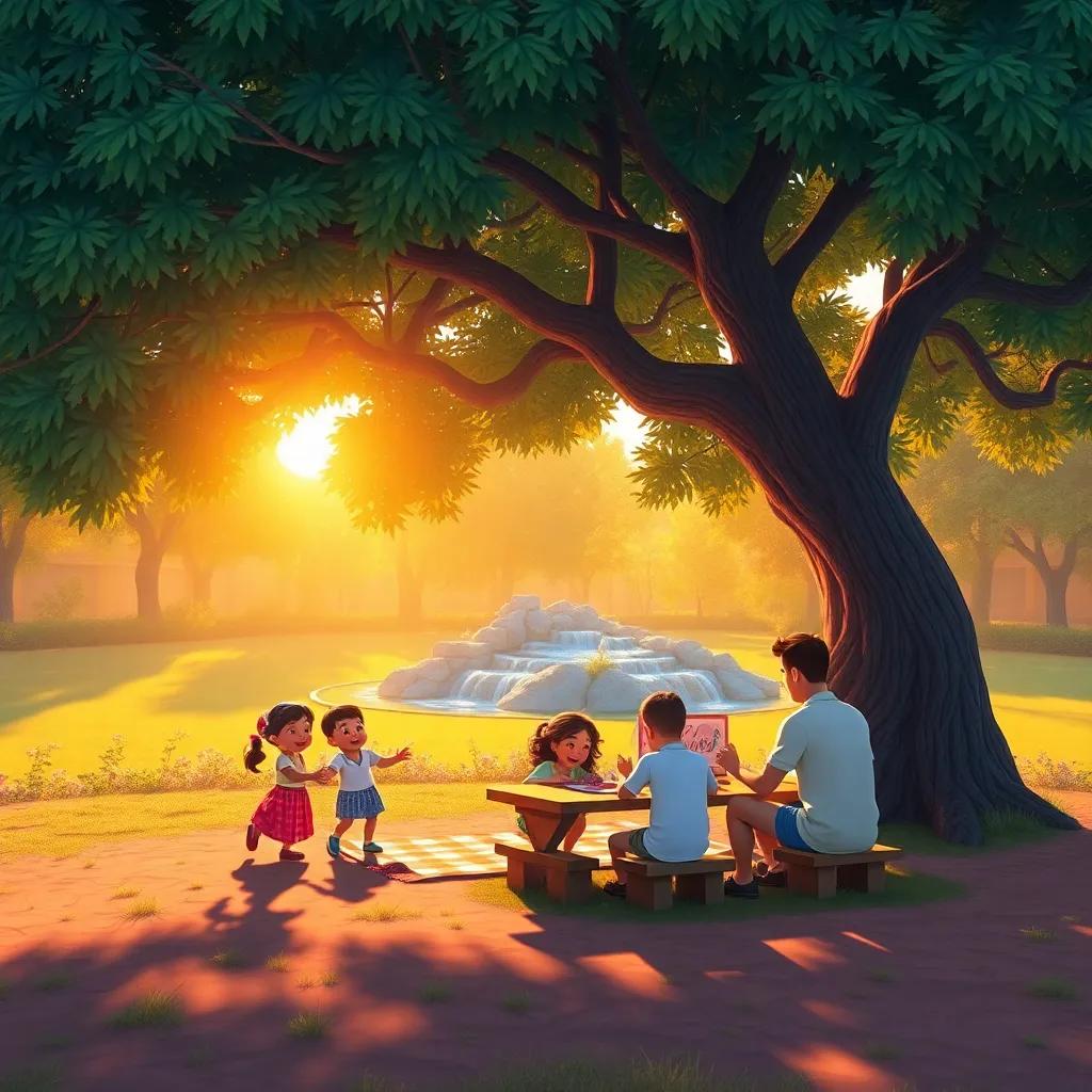 A vibrant sunny morning in a park, a family having a picnic under a large tree near a small oasis, children playing joyfully, digital art, warm colors, playful atmosphere, high quality