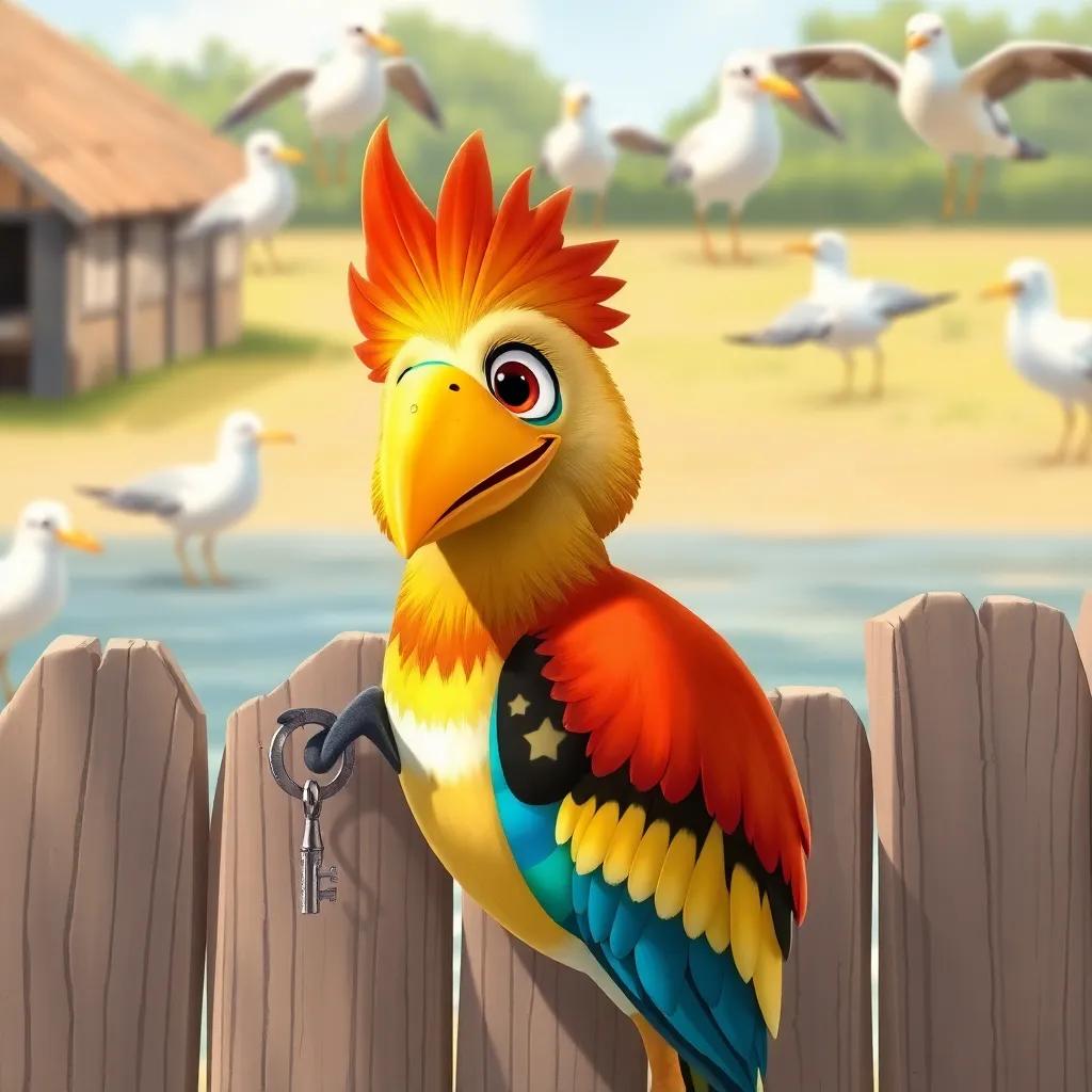 A colorful hoopoe bird with decorated feathers, holding a small key, fixing a wooden fence carefully, curious seagulls watching from above, illustration, animated, cheerful, child-friendly