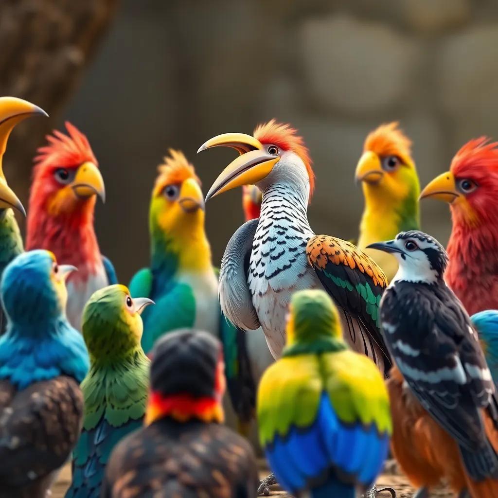 A gathering of curious birds and a little falcon, listening intently to the hoopoe, the hoopoe adjusting its feathers with enthusiasm, bright colors, engaging scene, whimsical
