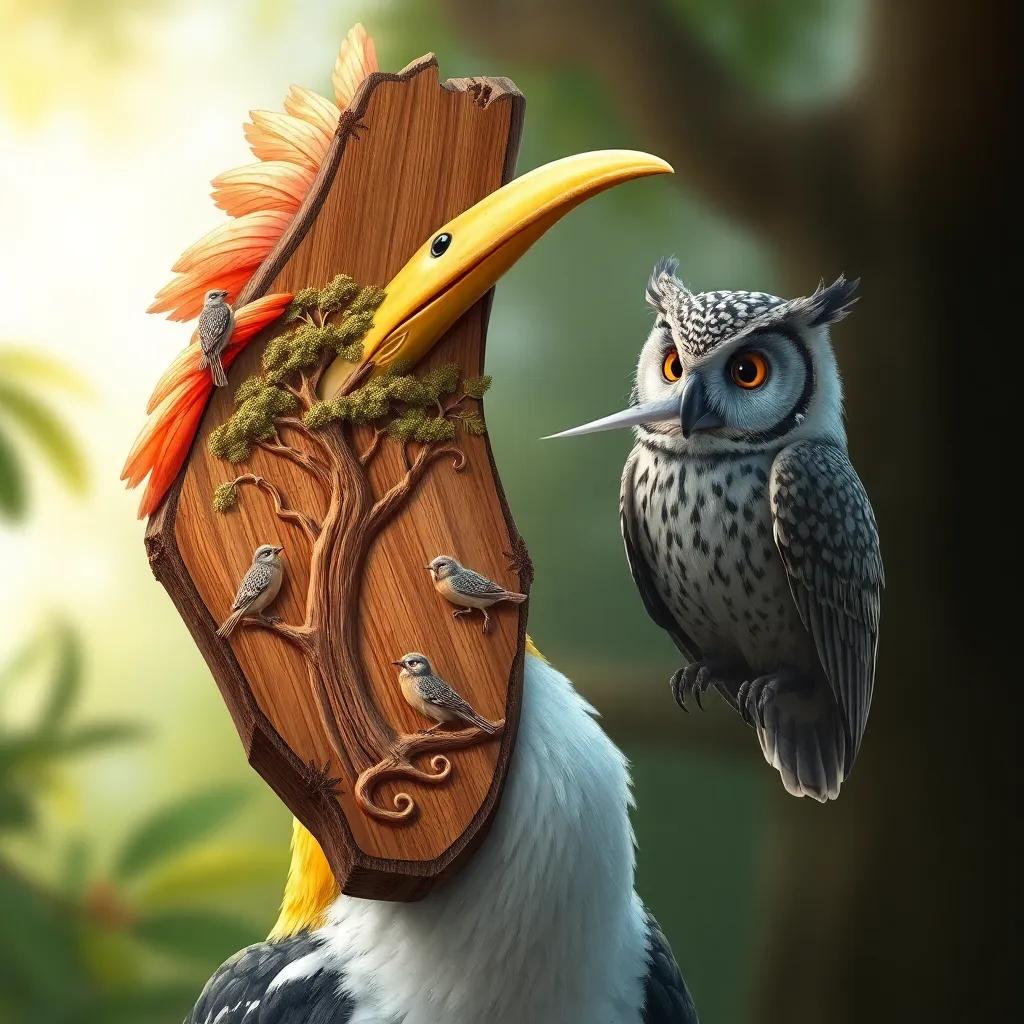A piece of carved wood in the hoopoe's beak depicting a tree and birds, with the hoopoe talking animatedly about its encounter with a wise owl, digital painting, detailed, vibrant