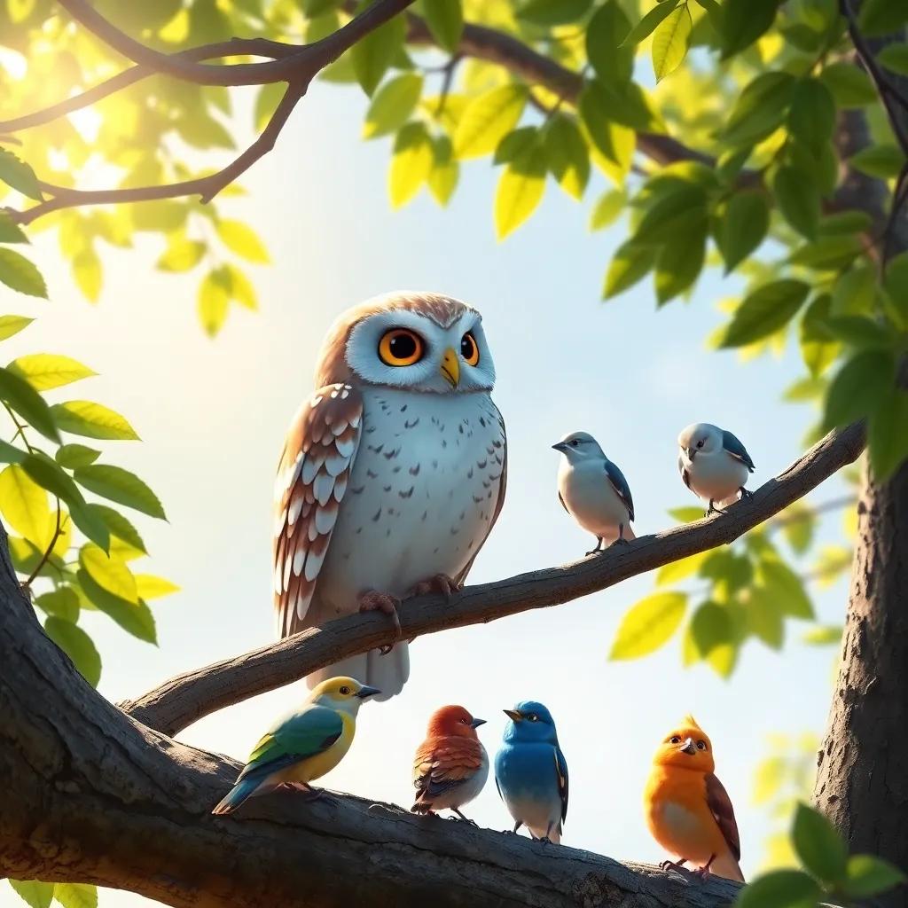 An elegant wise owl perched gracefully on a nearby tree branch, looking down at the gathered family and birds, serene atmosphere, warm sunlight filtering through leaves, child-friendly