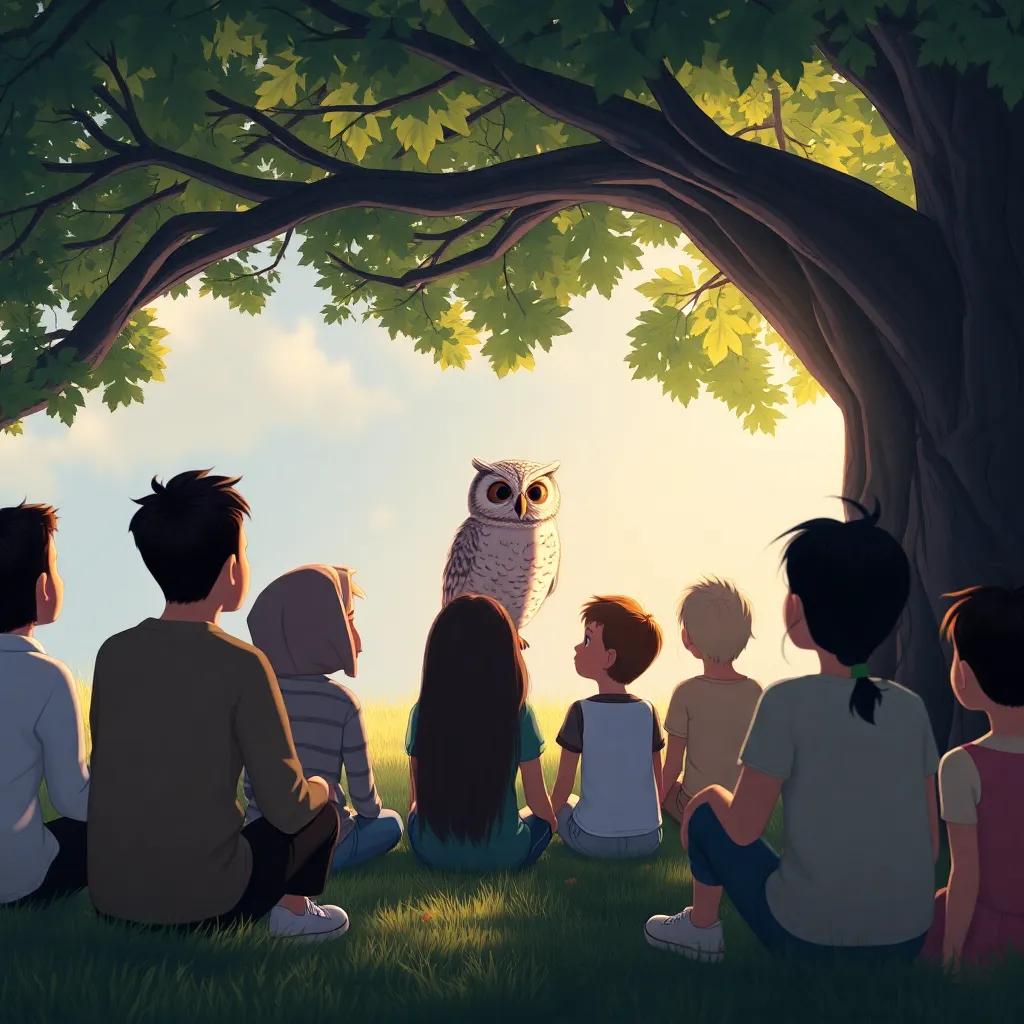 A peaceful scene of silence as the wise owl speaks, everyone listening with anticipation under the shade of the tree, soft colors, inviting light, relatable