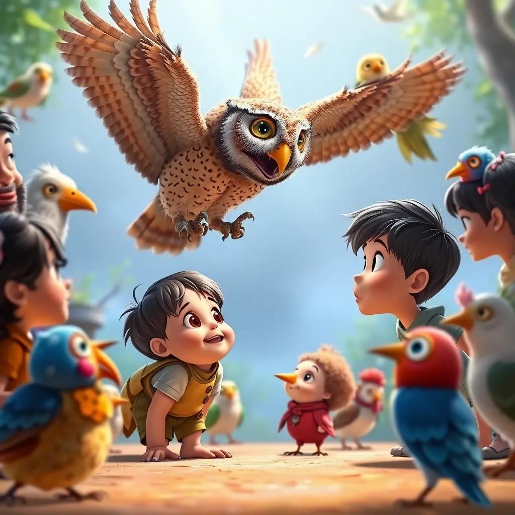An eager older child leaning forward with excitement, asking the wise owl about the new task, surrounded by attentive families and birds, dynamic composition, colorful