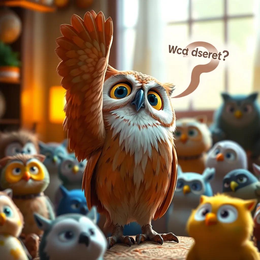 A close-up of the wise owl raising its wing to ask an environmental question, all the characters in wonder, warm and inviting light, cozy atmosphere, engaging