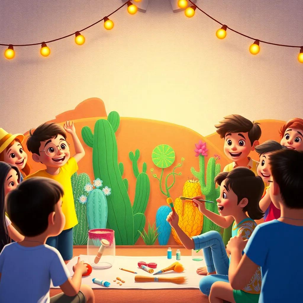 A joyful celebration at the end of the story, children painting a mural of desert plants, everyone smiling, vibrant colors, happy ambiance, heartwarming