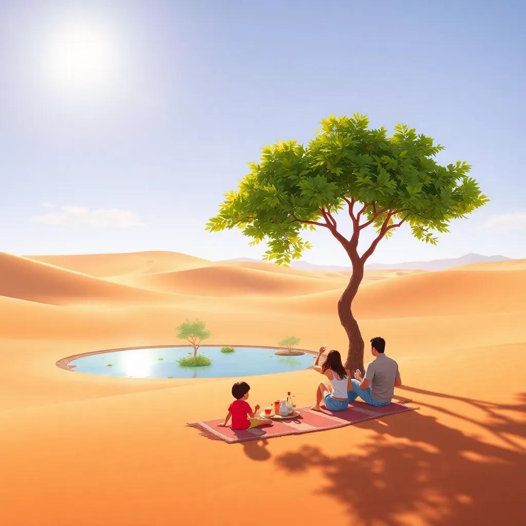 A beautiful desert scene in the Al-Liyah reserve, a family having a picnic under a tree beside a small oasis, bright sunshine, vibrant colors, joyful atmosphere, high-quality digital art
