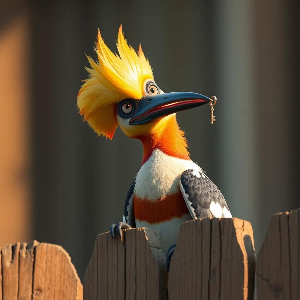 A curious avian scene with a hoopoe bird, showcasing its unique colorful plumage and small key in its beak while fixing a wooden fence, skillfully and carefully, artistic interpretation, lively, warm light, eye-catching perspective