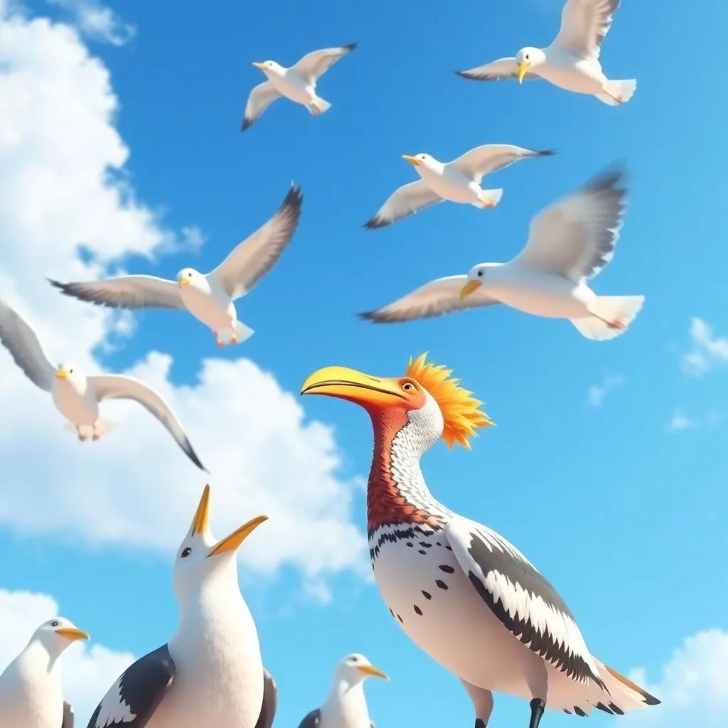 A group of seagulls hovering in the sky, looking down at the hoopoe, one of them eagerly asking about his actions, curious expressions, high-quality illustration, bright blue sky and white clouds as a backdrop