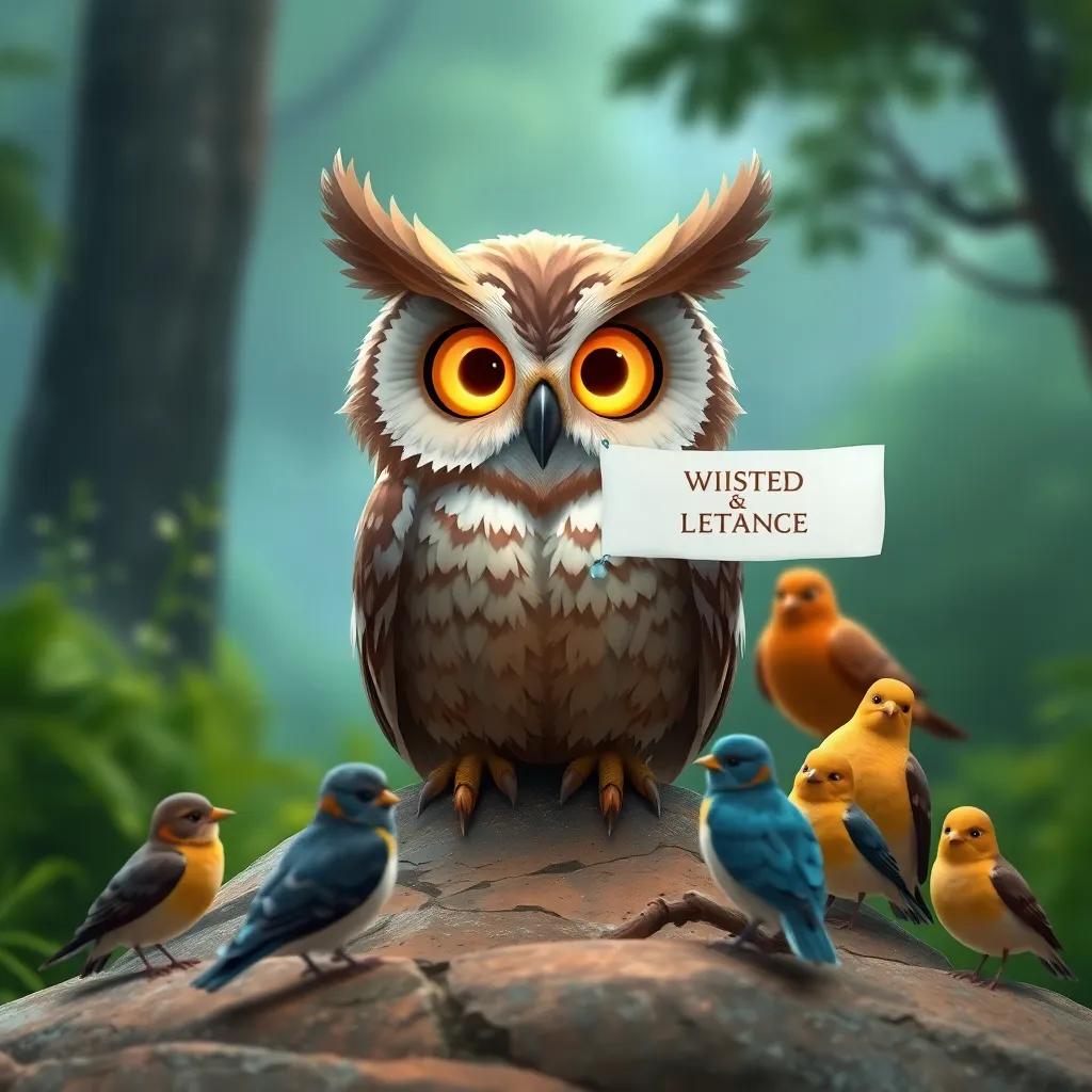 A wise owl sitting on a rock with wide glowing eyes, delivering a deep message to the gathered birds, surrounded by nature, serene and calm atmosphere, focused, detailed image