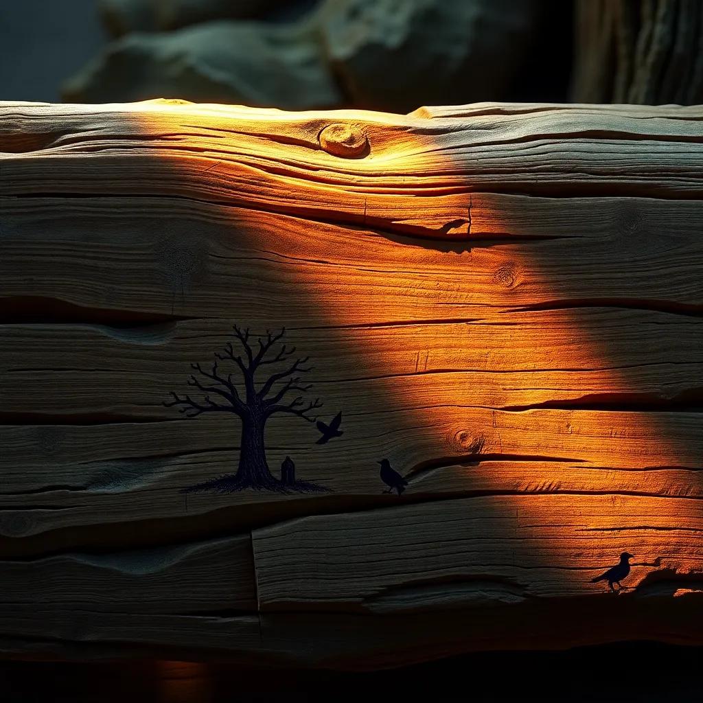 An ancient wood piece with engravings of trees and birds, highlighted by a warm light, symbolizing heritage and stories of the past, nostalgic and vibrant colors, realistic depiction