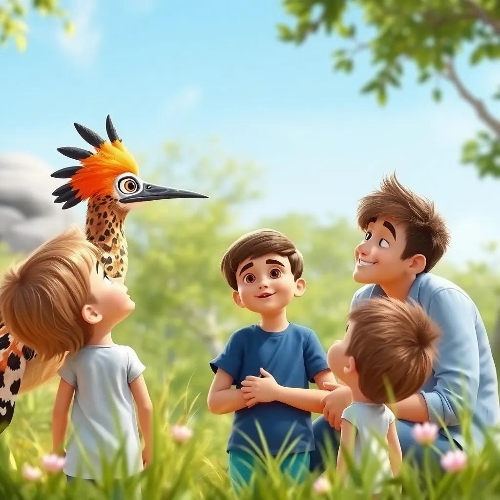 An emotional moment with children listening attentively to the hoopoe, with their parent smiling with pride nearby, heartwarming scene, bright natural surroundings, uplifting vibe