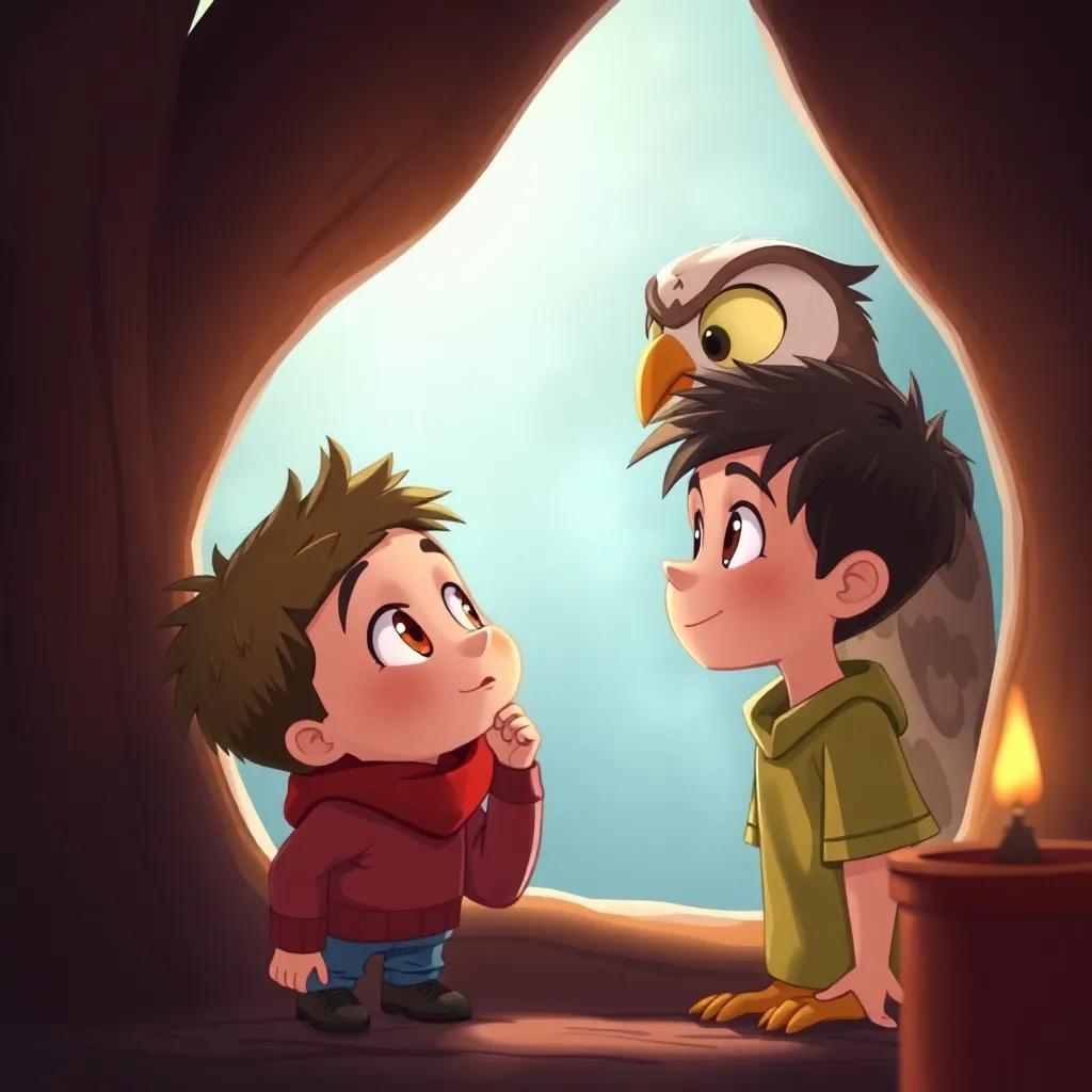 A suspenseful moment, a young boy eagerly asking about a new task from the wise owl, showing excitement and anticipation, warm atmosphere, illustrated beautifully