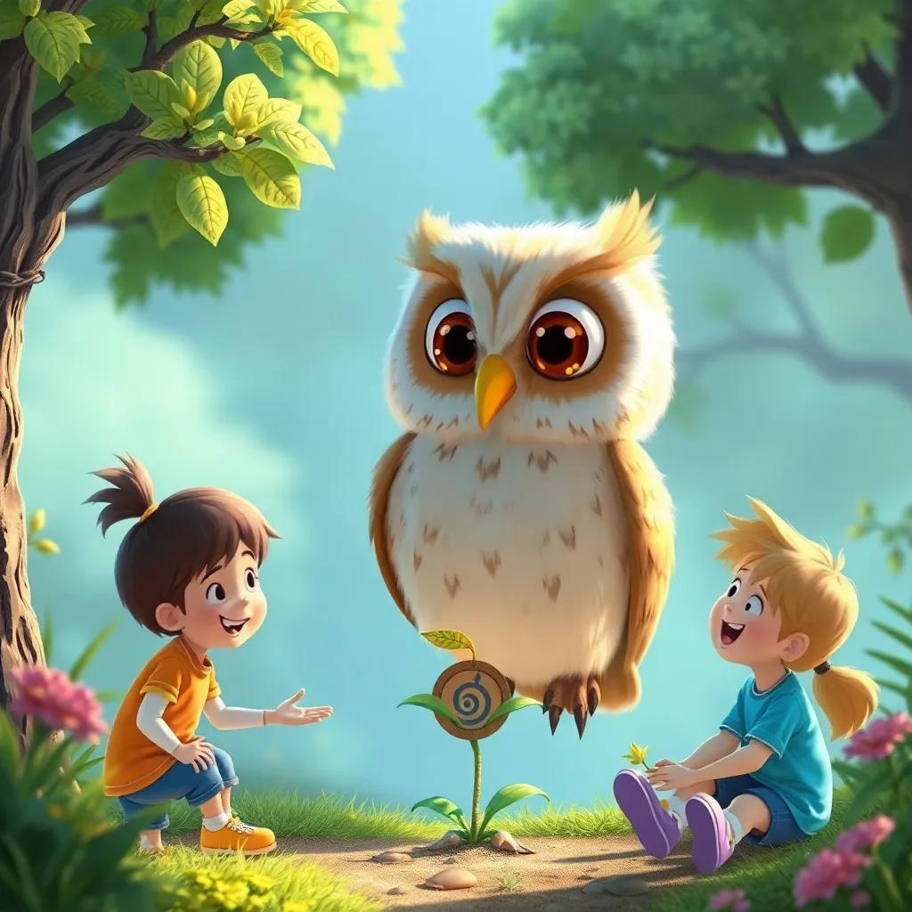 An environmental question posed by the owl, including a small unseen plant, described by children trying to solve it, lively character interaction, vivid colors