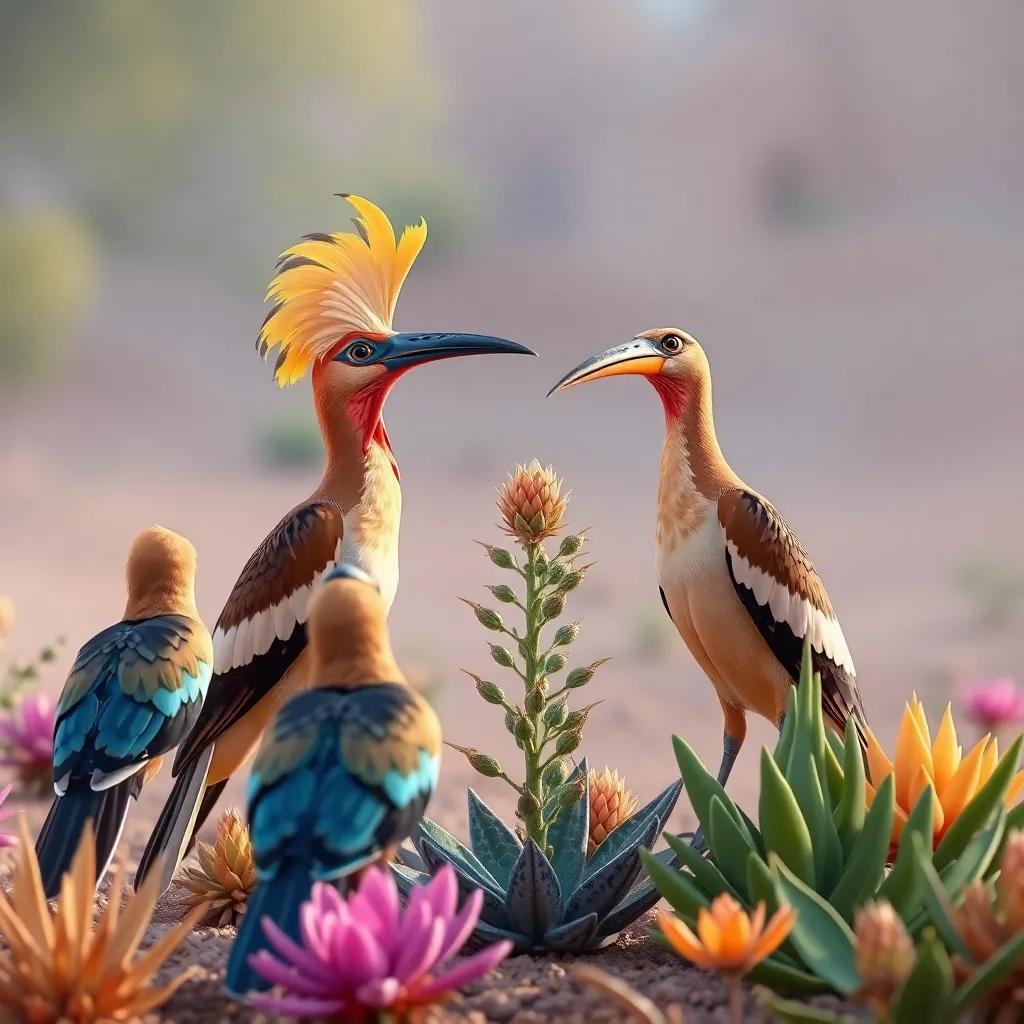 A discussion among birds about the plant, with the hoopoe displaying wisdom and knowledge, engaging dialogue and vibrant desert plants around, high-resolution image