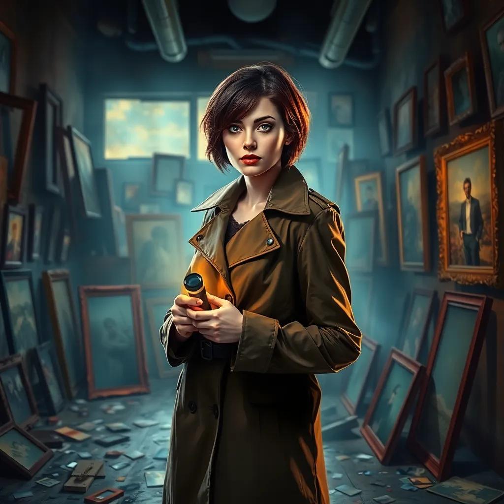 A detective woman, Eileen, with short brown hair wearing a trench coat and holding a flashlight, standing in a chaotic abandoned photo gallery with broken frames and scattered glass, digital art, dramatic lighting, shadows and highlights, high quality