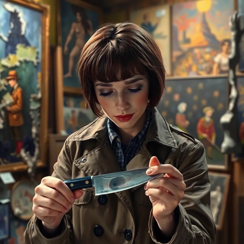 Eileen, a detective woman with short brown hair in a trench coat, examining an old knife with a strange fingerprint on it in a messy photo gallery filled with ripped paintings, detailed digital art, vibrant colors and contrasting light, investigative atmosphere, high quality