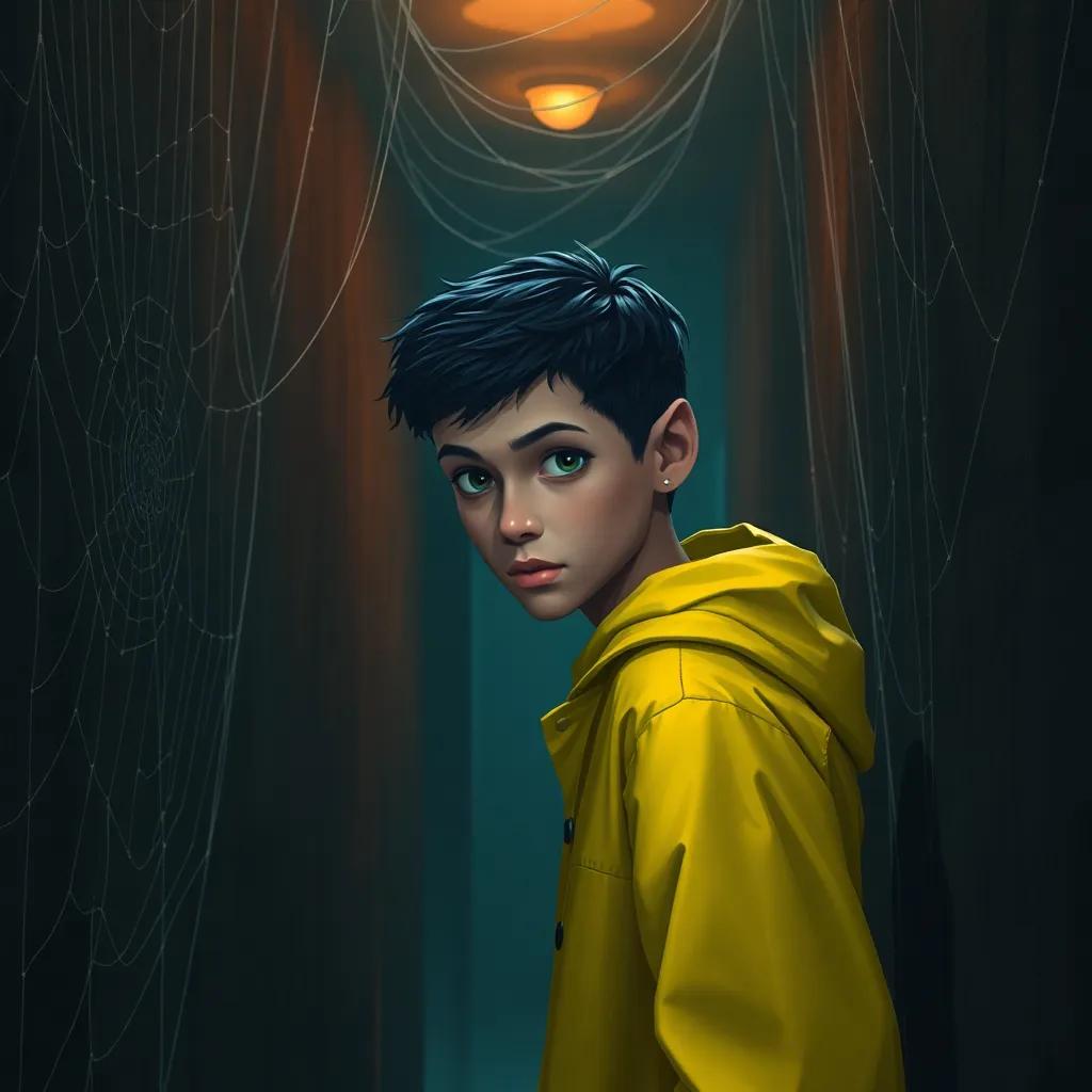 Sami, a young Arab boy, with short black hair in a yellow raincoat, entering into a dimly lit narrow corridor, spider webs covering the walls, creepy silence, digital painting, high quality, suspenseful ambiance