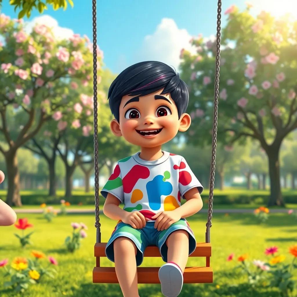 A young boy, Mohamed, with short black hair wearing a colorful t-shirt and shorts, sitting on a swing in a sunny playground filled with trees and flowers, happy expression, digital art, vibrant colors, cheerful atmosphere, high quality