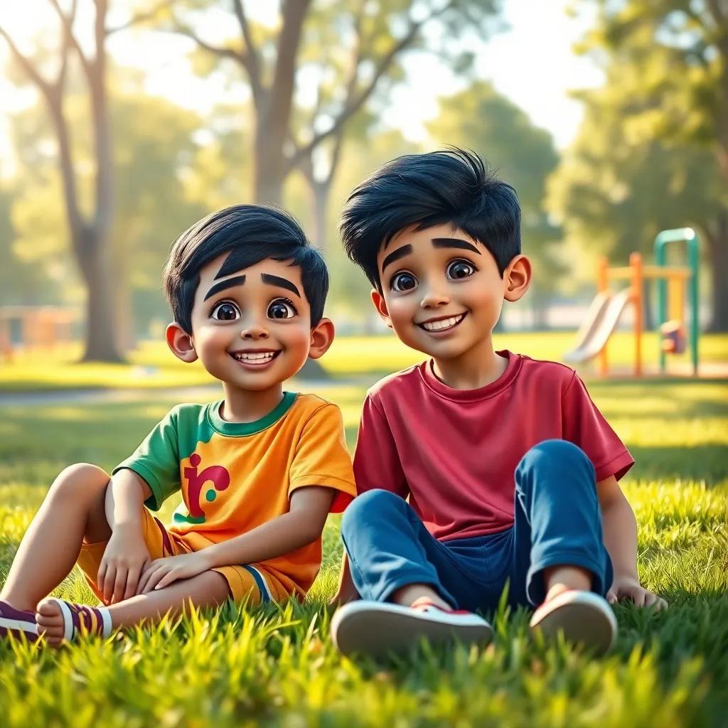 Two young boys, Mohamed and Khaled, with short black hair, wearing colorful t-shirts, sitting on the grass in a sunny park, smiling and reminiscing, surrounded by trees and playground equipment, joyful, warm light, friendly scene, high quality