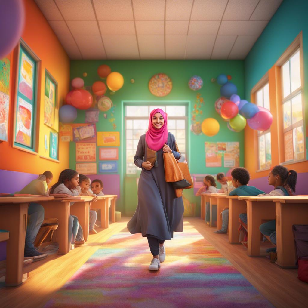 A hijab-wearing teacher entering a colorful classroom filled with excited children, bright decorations on walls, cheerful atmosphere, digital art, vibrant colors, welcoming light, high quality