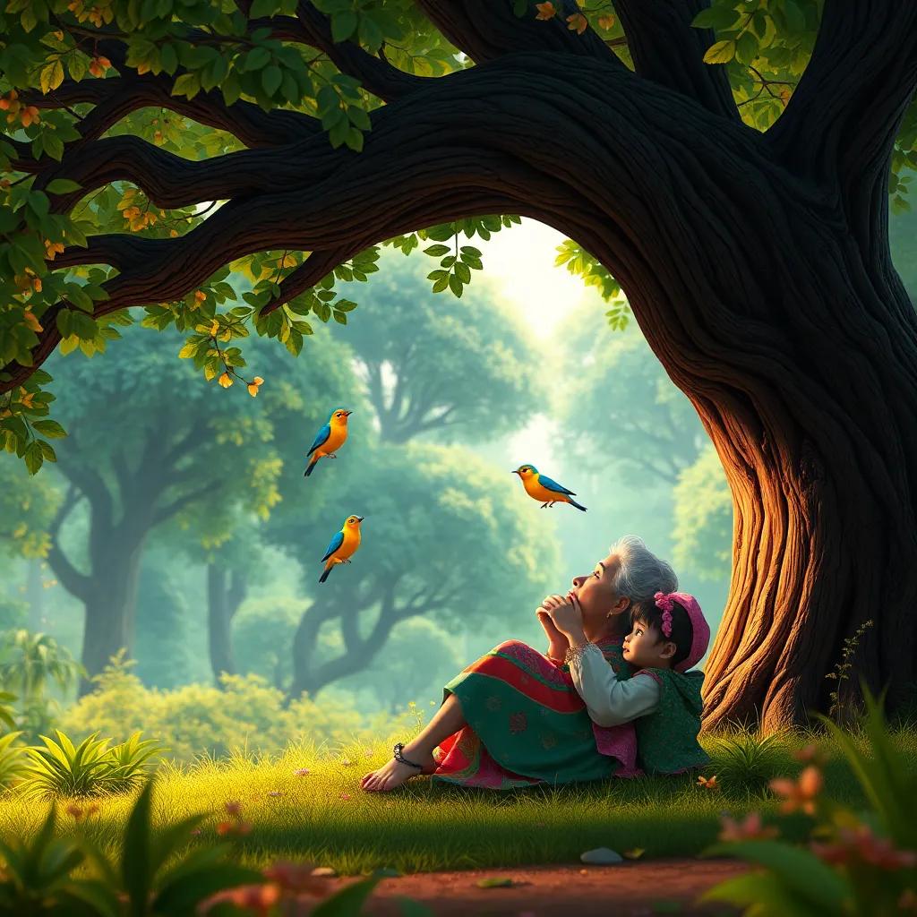A wise old woman, Amina, with gray hair and wearing a colorful dress, sitting under a large tree in a lush green forest with a little girl, Fatina, looking at colorful birds, digital art, warm colors, peaceful atmosphere, high quality