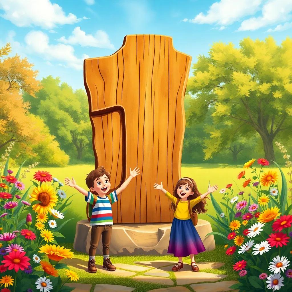 A large wooden sign displaying the number one in a vibrant park setting, with Sami and Lina standing excitedly in front of it, colorful flowers blooming around, child-friendly design, sunny day, warm light, detailed illustration, uplifting scene, high quality