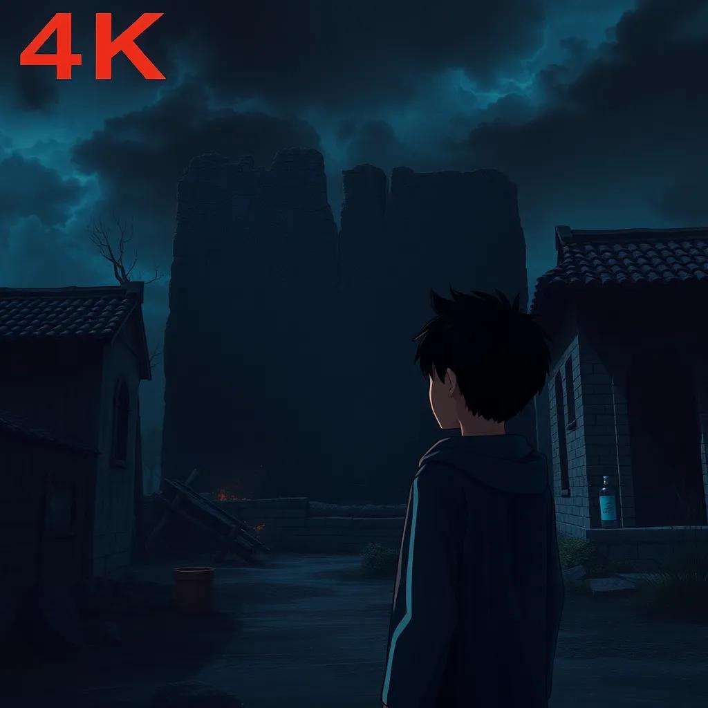 A dramatic scene of a ruined village with a young boy, Rin Shindo, standing in front of a wall with a strange symbol on it, nighttime, dark colors, intense emotions, digital art, detailed and realistic, cinematic view